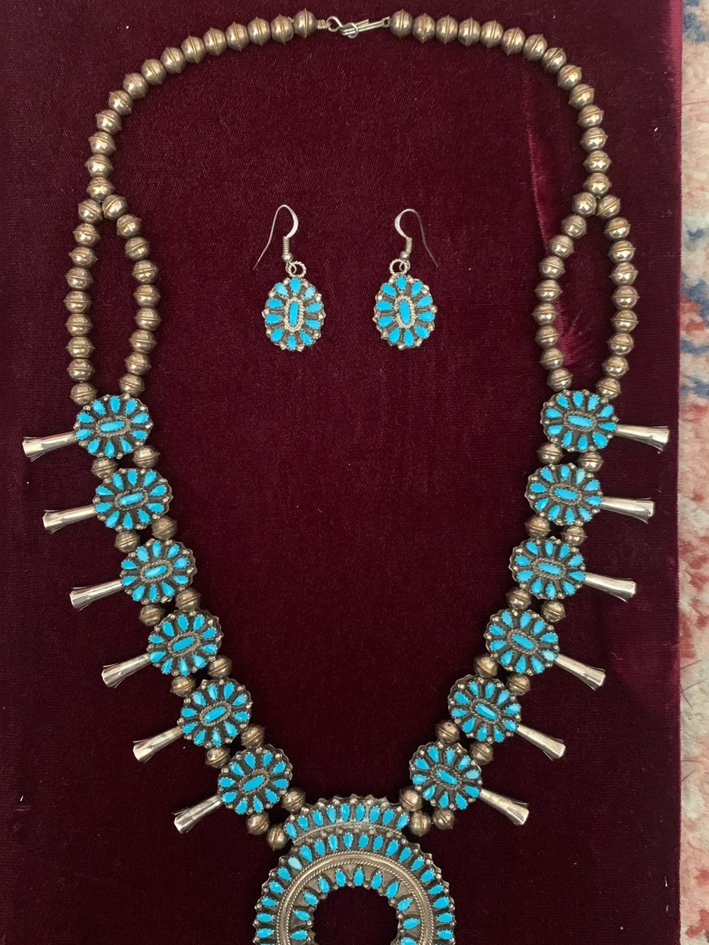 Native Turquoise and Sterling Silver Reversible Squash Blossom Necklace Set